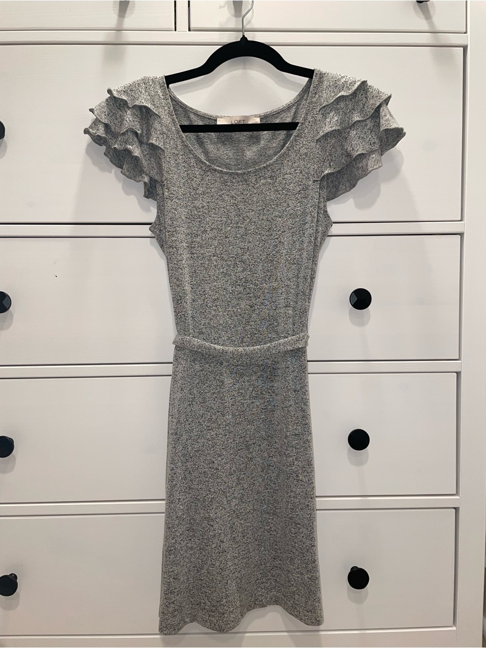 LOFT Heather Gray Ruffle Sleeve Midi Dress
